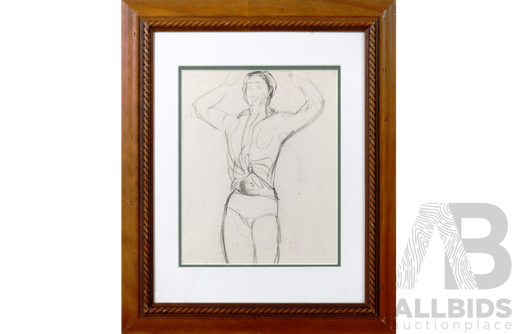 Artist Unknown, Standing Men, Pair of Vintage Ink and Charcoal Sketches on Paper, 50 X 35 Cm (largest Frame)