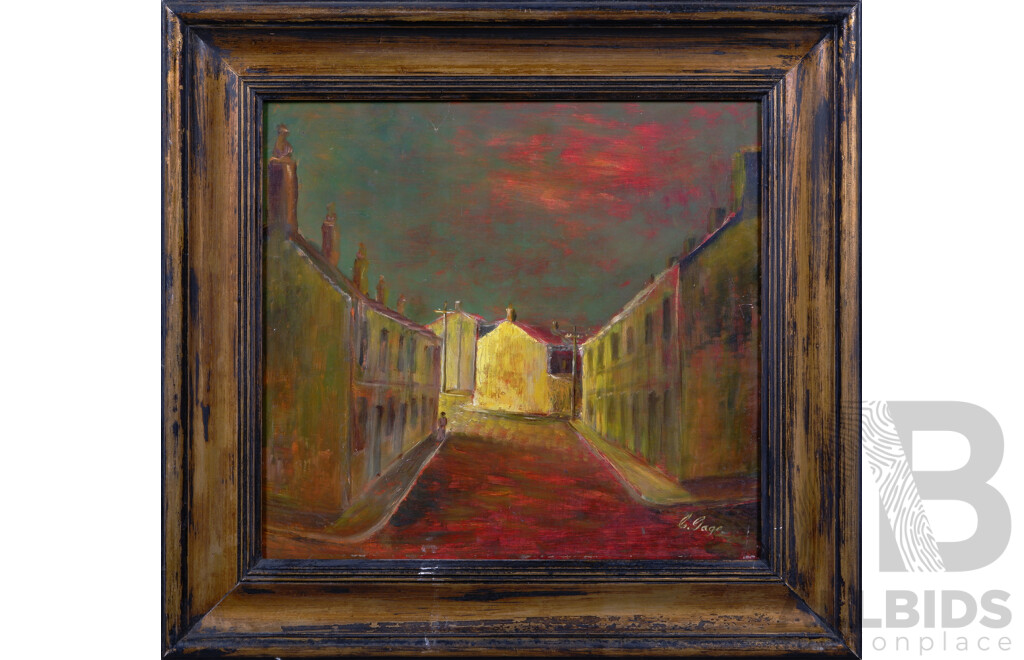 C.Gage (Australian, Date Unknown), Lone Figure on Street at Dusk, Oil on Board, 52 X 56 cm (frame)