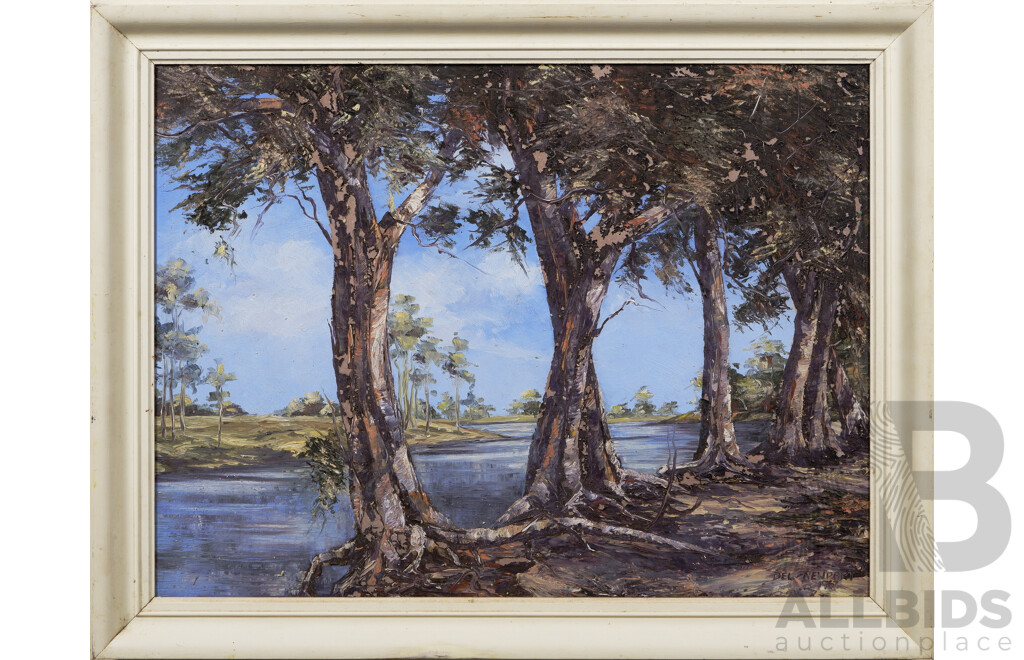 Del Newport (20th Century, Australian, 1941-2011), Landscape Gumtrees by the Water, Oil on Board, 56 X 71 cm (frame)