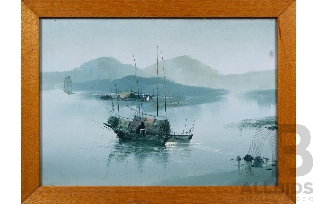 Artist Unknown, Vietnamese Junks on the Water, Oil on Canvas Board, Framed Under Glass, 56 X 75 cm (frame)