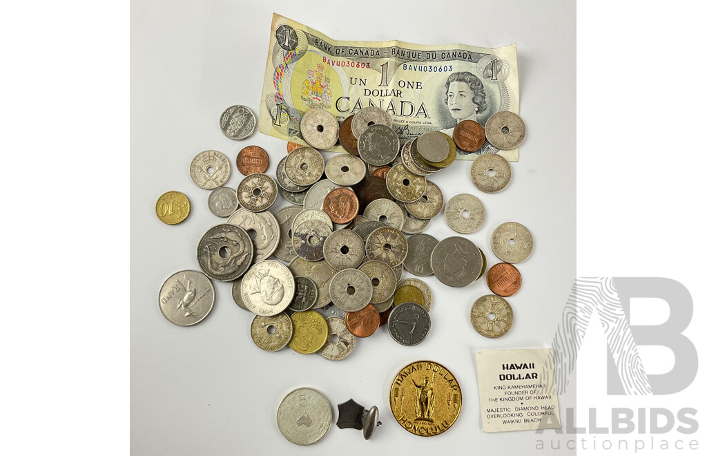 Collection of International Currency Including 2006 Silver Five Euro Holland/Australia Friendship Coin, South Africa, PNG, Canada, New Zealand, USA, Silver Cufflink and More