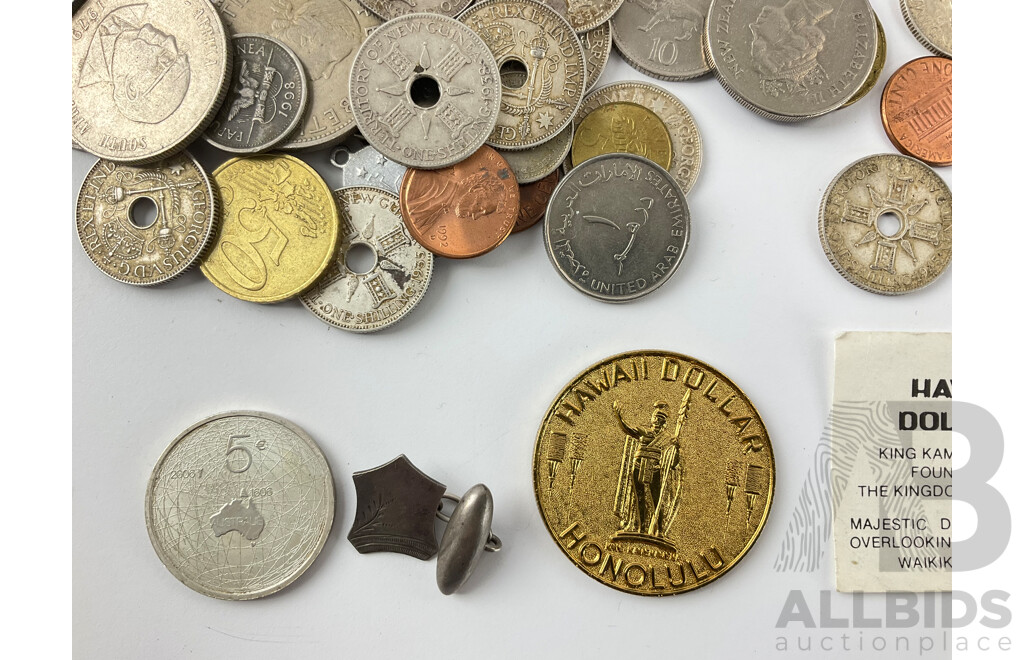 Collection of International Currency Including 2006 Silver Five Euro Holland/Australia Friendship Coin, South Africa, PNG, Canada, New Zealand, USA, Silver Cufflink and More