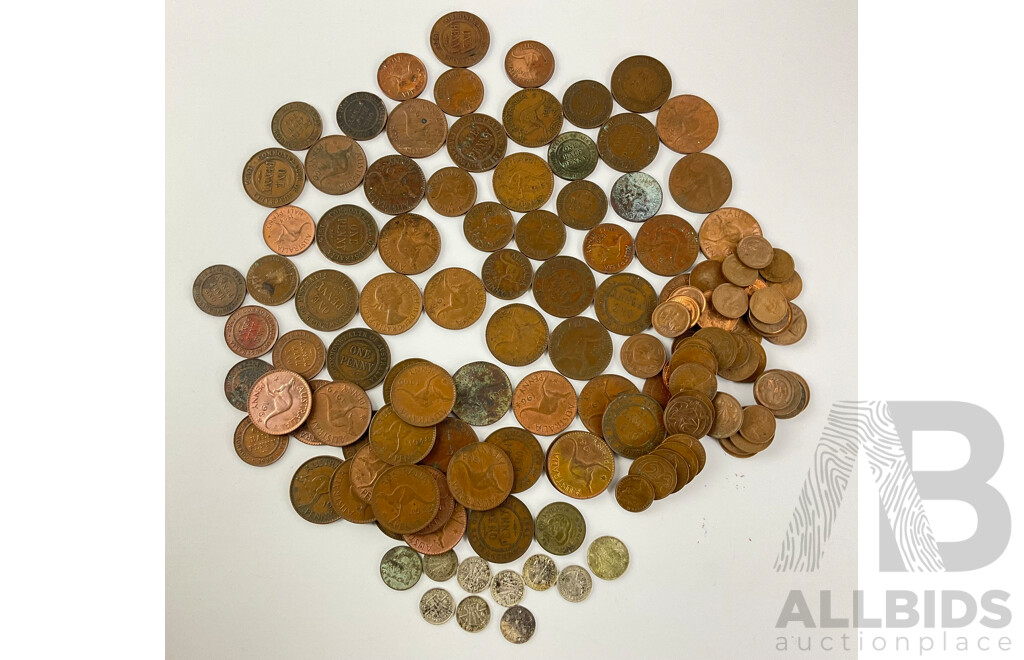 Australian Predecimal and Decimal Coins Including KGV, KGVI and QE2 Pennies and Half Pennies, KGVI, QE2 Shilling, Sixpence and Threepence