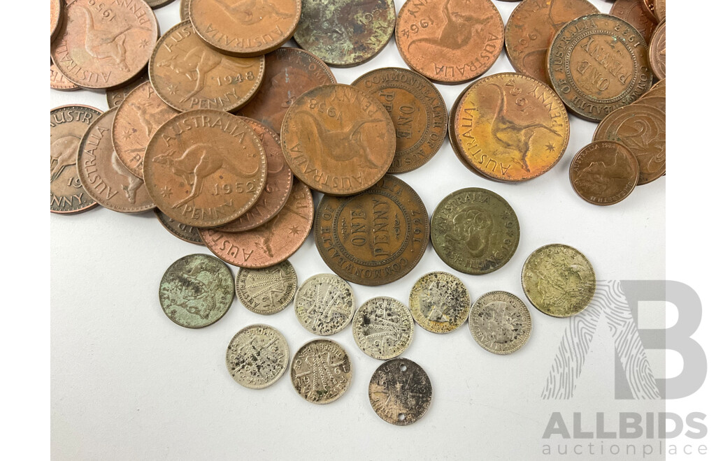 Australian Predecimal and Decimal Coins Including KGV, KGVI and QE2 Pennies and Half Pennies, KGVI, QE2 Shilling, Sixpence and Threepence