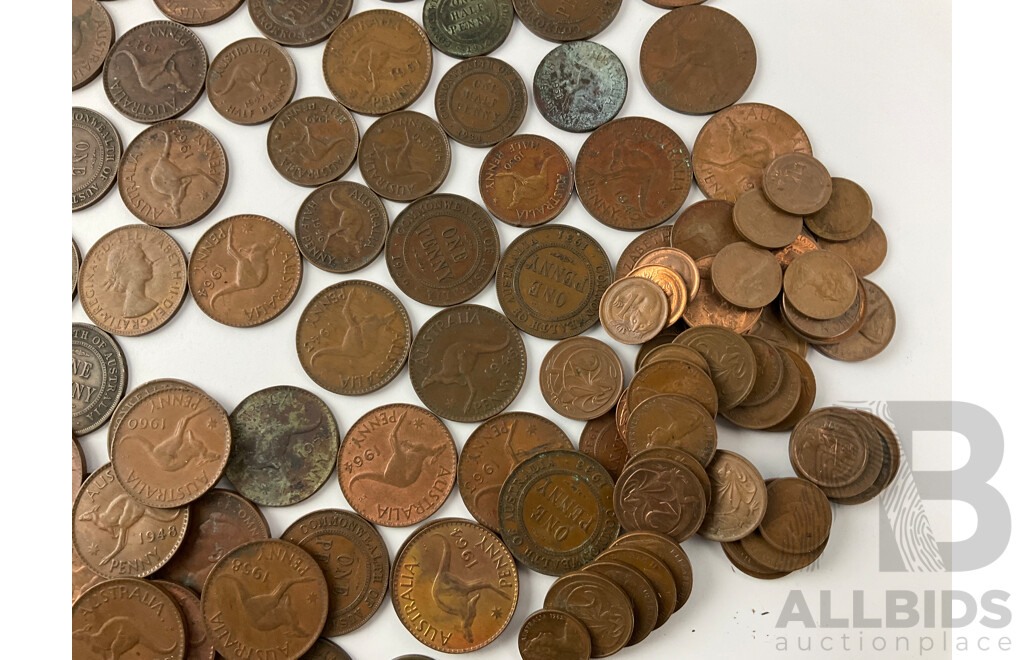 Australian Predecimal and Decimal Coins Including KGV, KGVI and QE2 Pennies and Half Pennies, KGVI, QE2 Shilling, Sixpence and Threepence