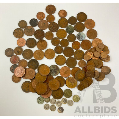 Australian Predecimal and Decimal Coins Including KGV, KGVI and QE2 Pennies and Half Pennies, KGVI, QE2 Shilling, Sixpence and Threepence