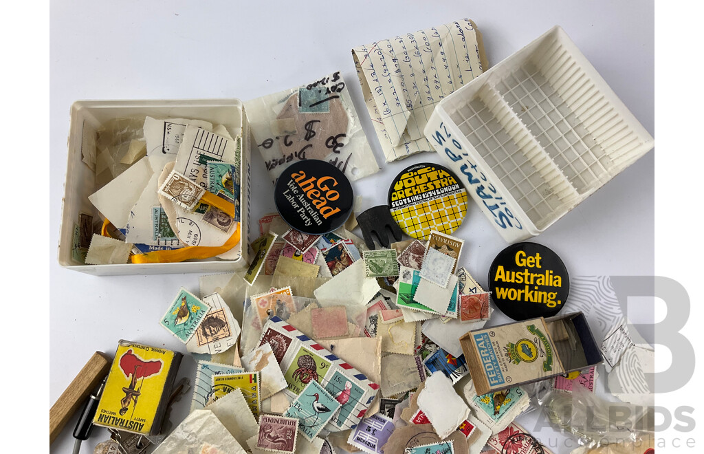 Collection of Vintage Stamps, Australian Predecimal, Pakistan, Nederlands, Indonesia, New Zealand with Coasters and Buttons