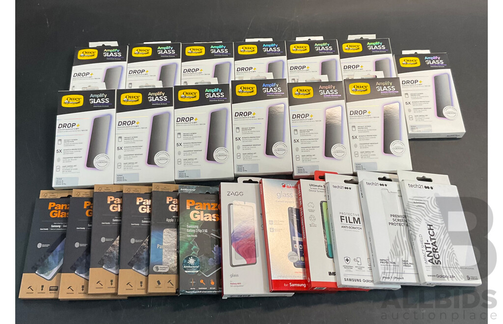 Assorted of OTTERBOX/TECH21/ PANZER Glass Screen Protector for Samsung/Apple - Lot of 26 - Estimated Total ORP $850