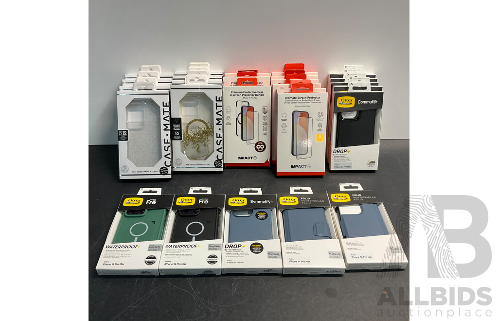 OTTERBOX, CASE MATE Phone Case  & IMPACT ZONE Case & Screen Bundle and Screen Protector for IPhone 14 Pro MAX - Lot of 27 - Estimated Total ORP$1,600.00