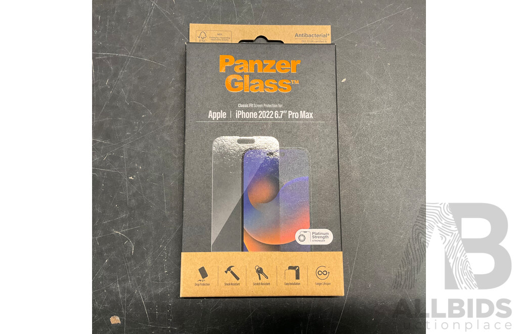 PANZER GLASS Classic Fit Screen Protection for Apple IPhone 2022 6.7inch Max/Pro MAX - Lot of 40 - Estimated Total ORP $1,200.00