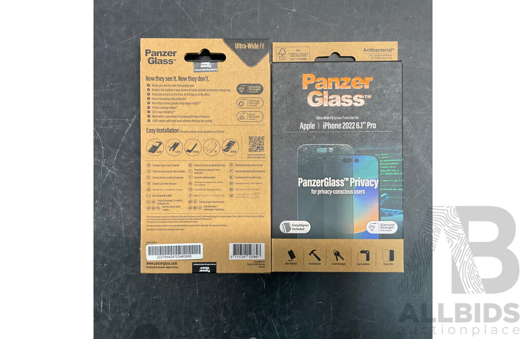 Assorted of PANZER GLASS Screen Protection for Apple IPhone 2022 6.1inch/6.7inch - Lot of 32 - Estimated Total ORP $1,500.00