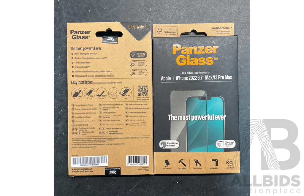 Assorted of PANZER GLASS Screen Protection for Apple IPhone 2022 6.1inch/6.7inch - Lot of 32 - Estimated Total ORP $1,500.00