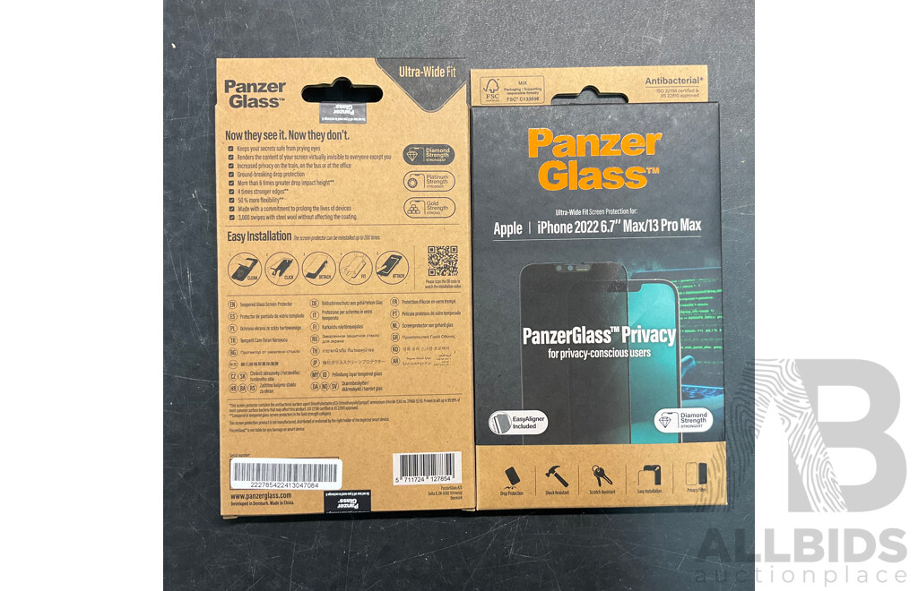 Assorted of PANZER GLASS Screen Protection for Apple IPhone 2022 6.1inch/6.7inch - Lot of 32 - Estimated Total ORP $1,500.00