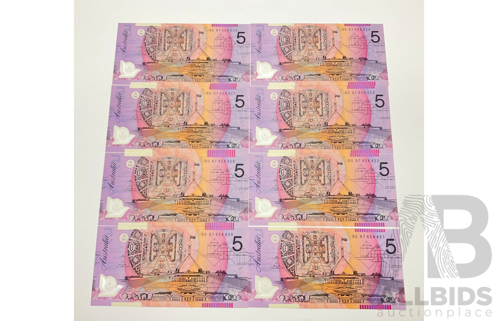 Eight Australian Evans/Mcfarlane Five Dollar Notes, Consecutive DG 97434421 - DG 97434428