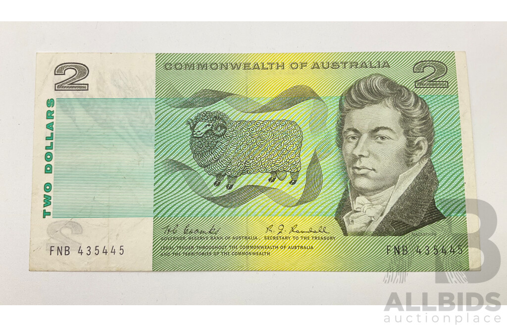 1967 R82 A/UNC Coombs Randall $2 Note FNB 435445