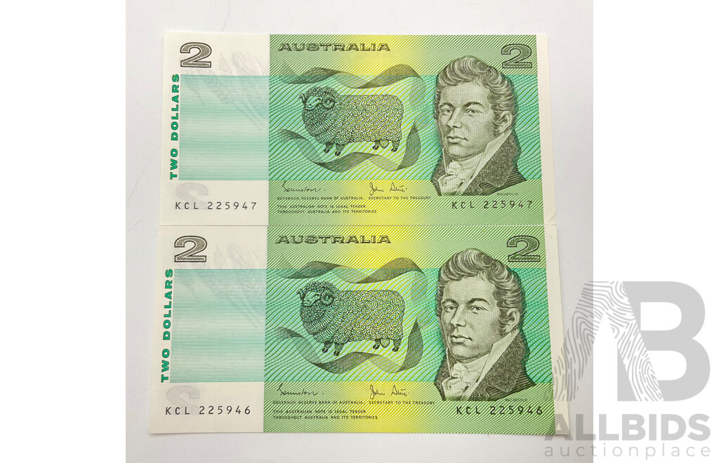 1983 R88 Two Consecutive A/UNC Johnston Stone $2 Notes KCL 225946/7