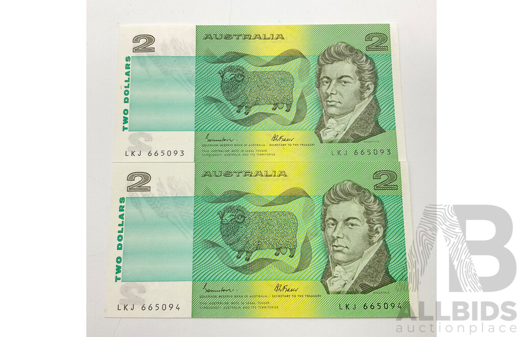 1985 R89 Two Consecutive A/ UNC Johnston Fraser $2 Notes LKJ 665093/4