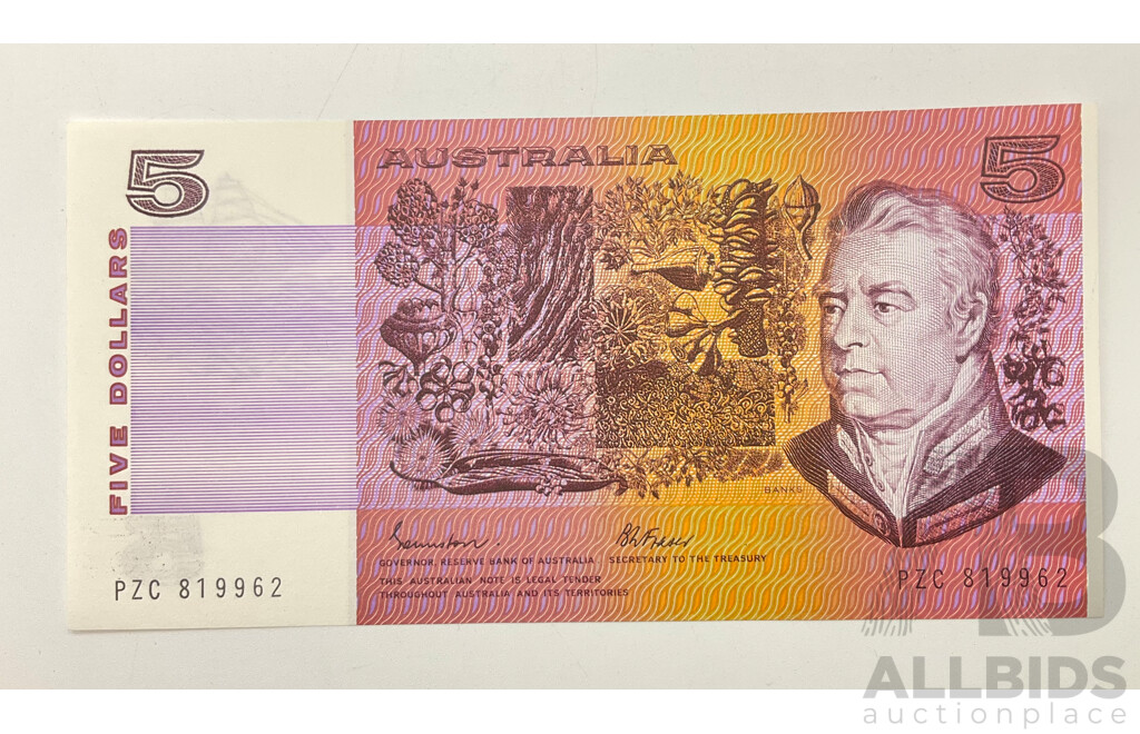 1985 R209a A/UNC Johnston Fraser $5 Note.PZC 819962.