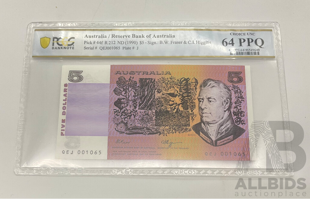 1990 R212 Choice UNC Fraser Higgins $5 Note QEJ 001065.