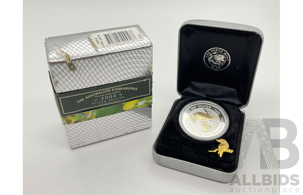 2004 Perth Mint Kookaburra Series Fine Silver Gilded $1 Coin & Pin.