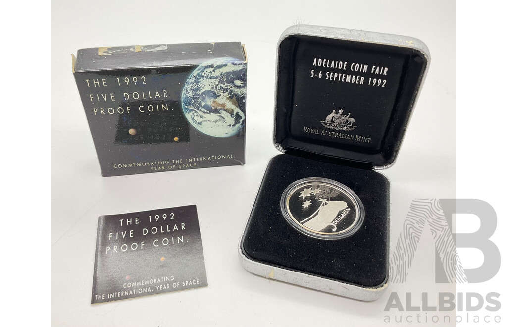 1992 RAM $5 Silver Proof coin. International Year of Space. Adelaide ANDA .