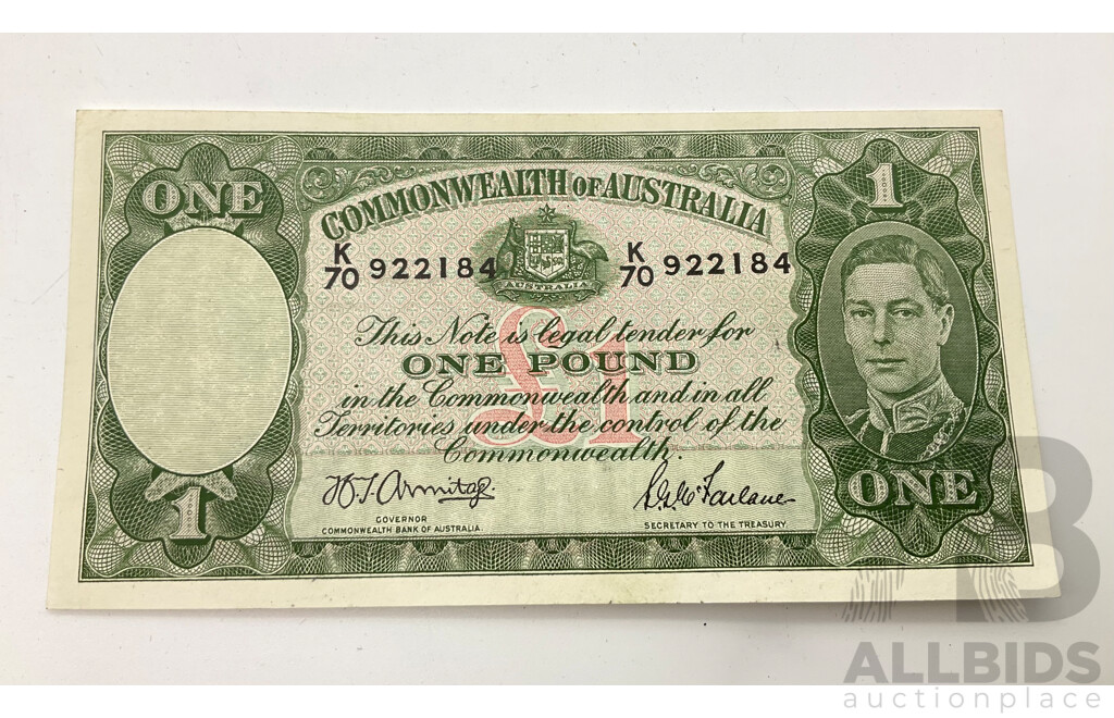 1942 R30a EF One Pound Note Armitage McFarlane, K70 922184.