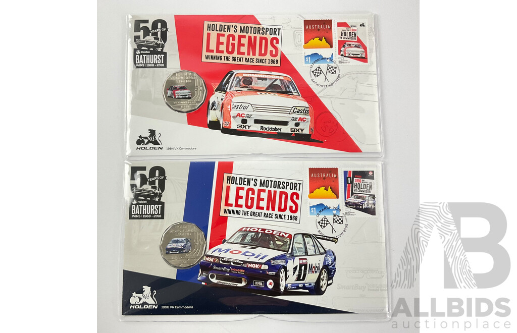 Two Holden Legends 50c coloured coins plus stamps.1996, 1984.