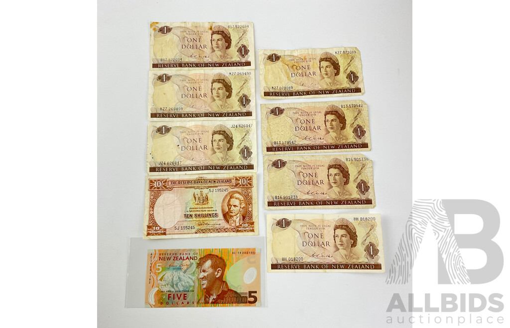 Nine New Zealand Bank Notes.