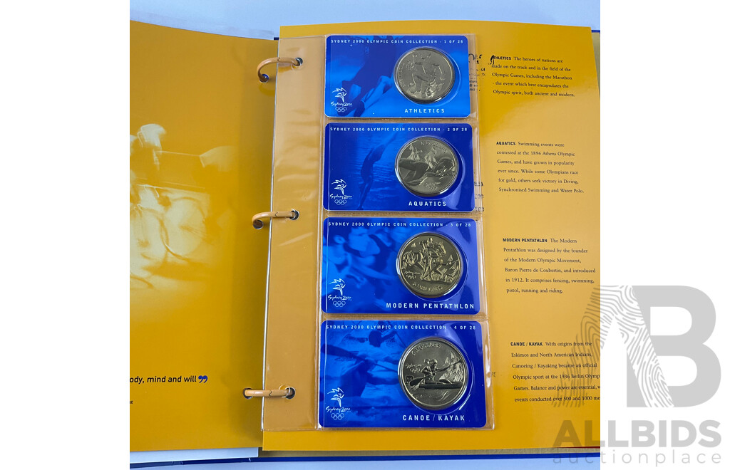 2000 Sydney Olympics coin album. Twenty eight $5 coins plus members medallion.