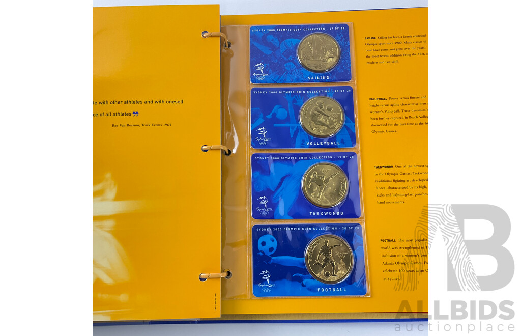 2000 Sydney Olympics coin album. Twenty eight $5 coins plus members medallion.