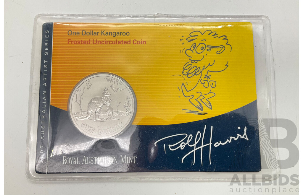 2007 RAM Rolf Harris $1 Kangaroo Frosted Uncirculated Coin.