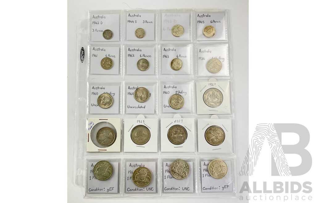 Twenty Pre Decimal Mixed Silver Coins. Years From 1921 to 1963.