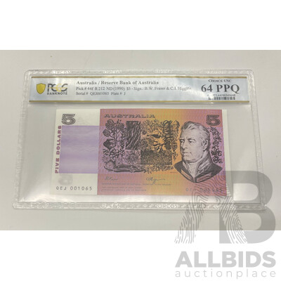 1990 R212 Choice UNC Fraser Higgins $5 Note QEJ 001065.