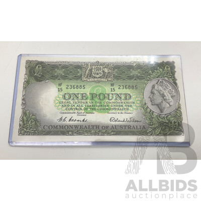 1961 Australian One Pound Note HF15 236885 A/UNC, R34b.