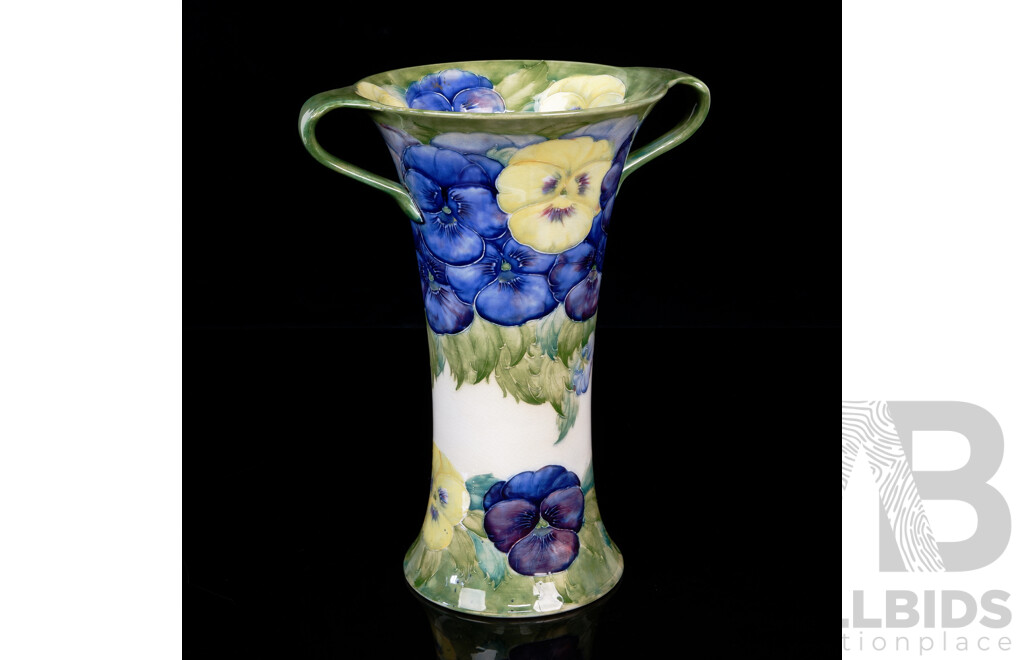 Impressive Large Antique Moorcroft Porcelain Twin Handled Vase on Pedestal Base with Hand Painted Pansy Pattern by William Moorcroft, Cobridge Factory Marks, Circa 1916