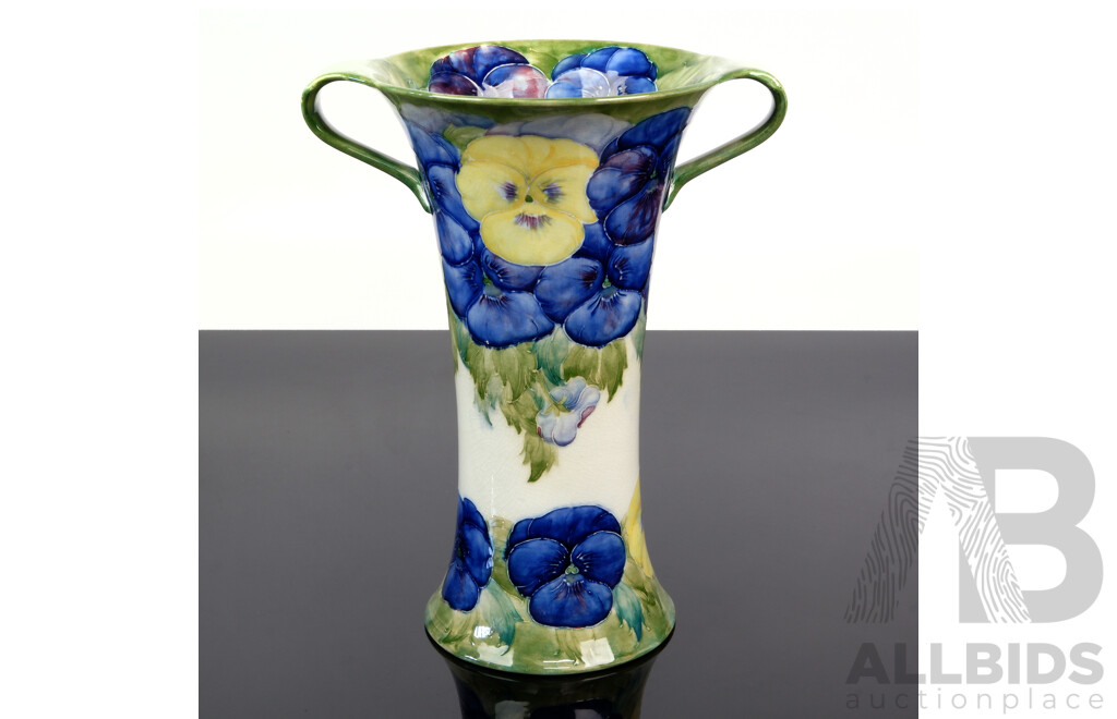 Impressive Large Antique Moorcroft Porcelain Twin Handled Vase on Pedestal Base with Hand Painted Pansy Pattern by William Moorcroft, Cobridge Factory Marks, Circa 1916