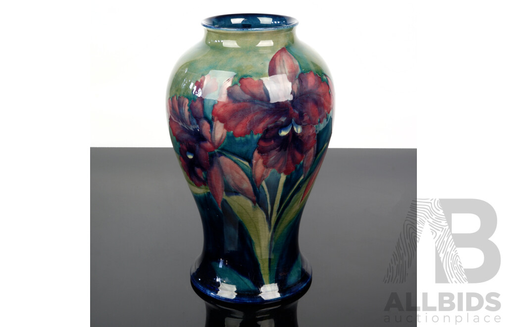 Impressive Large Antique Moorcroft Porcelain Vase with Hand Painted Iris Pattern by William Moorcroft, Cobridge Factory Marks, Circa 1919