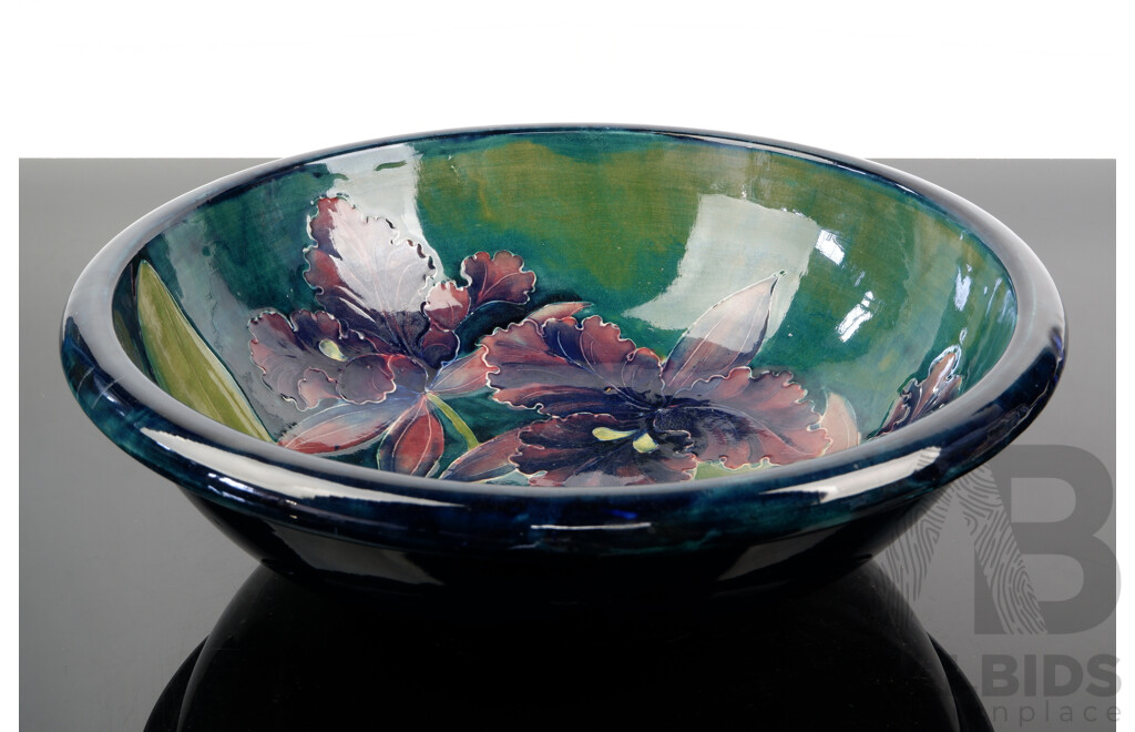 Rare Impressive Large Antique Moorcroft Porcelain Bowl with Hand Painted Iris Pattern by William Moorcroft, Circa 1919