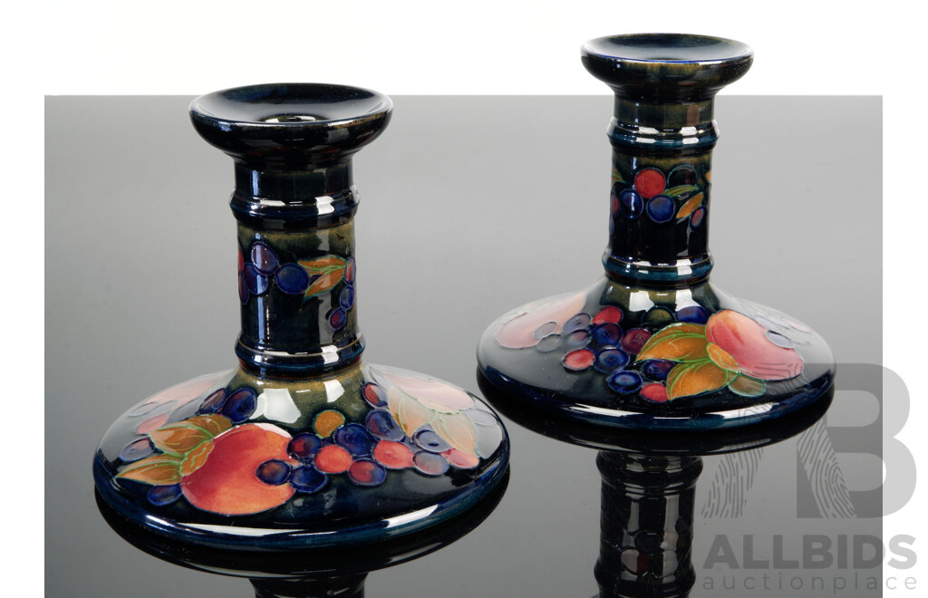 Pair Antique Moorcroft Porcelain Candle Holders with Hand Painted Pomegranate Pattern by William Moorcroft