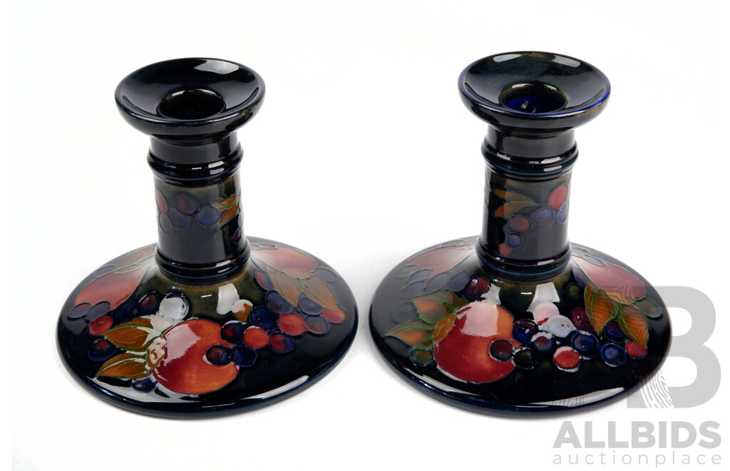 Pair Antique Moorcroft Porcelain Candle Holders with Hand Painted Pomegranate Pattern by William Moorcroft