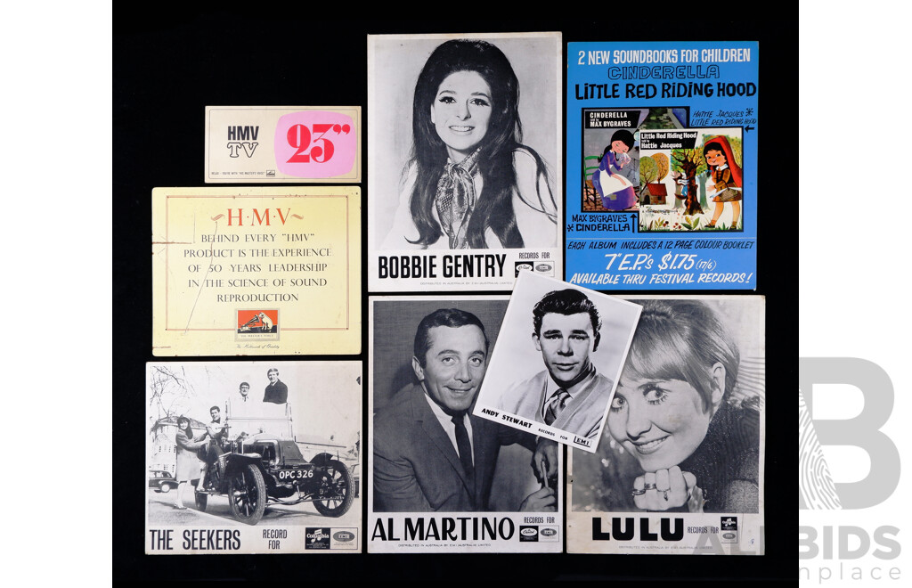 Selection of Vintage Music Promotional Posters Featuring - Bobbie Gentry; Lulu; Al Martino; Andy Stewart; The Seekers; Alongside Two HMV Advertisements and Poster for Sound Books for Children, - All Circa 1950s, Ink on Card, 51 x 38 cm (largest) (8)