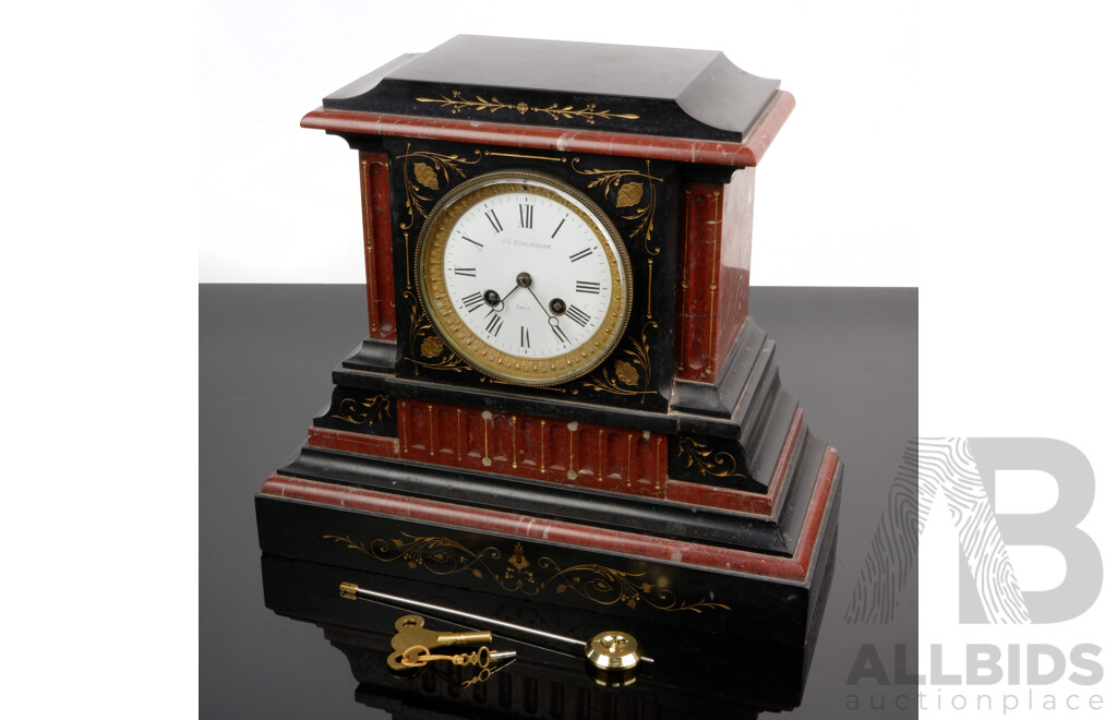 Vintage Burlingham Slate and Marble Chiming Mantle Clock with Gilded Engravings