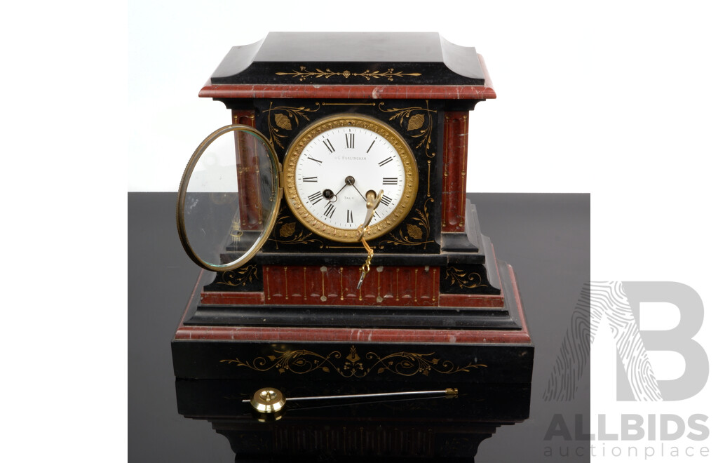 Vintage Burlingham Slate and Marble Chiming Mantle Clock with Gilded Engravings