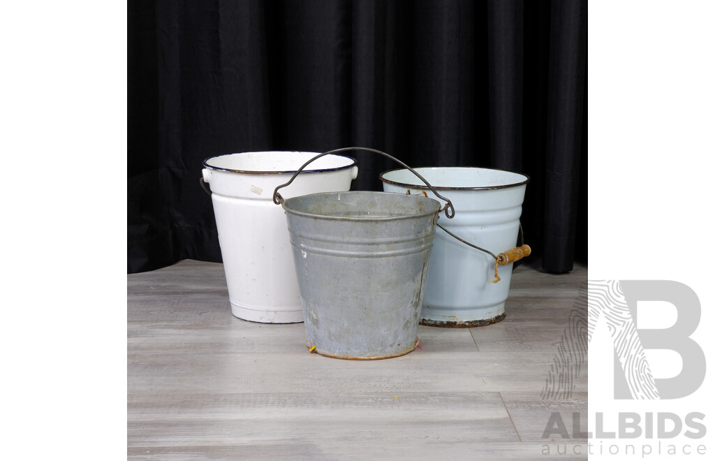 Pair of Enamel Buckets and Galvanized Example