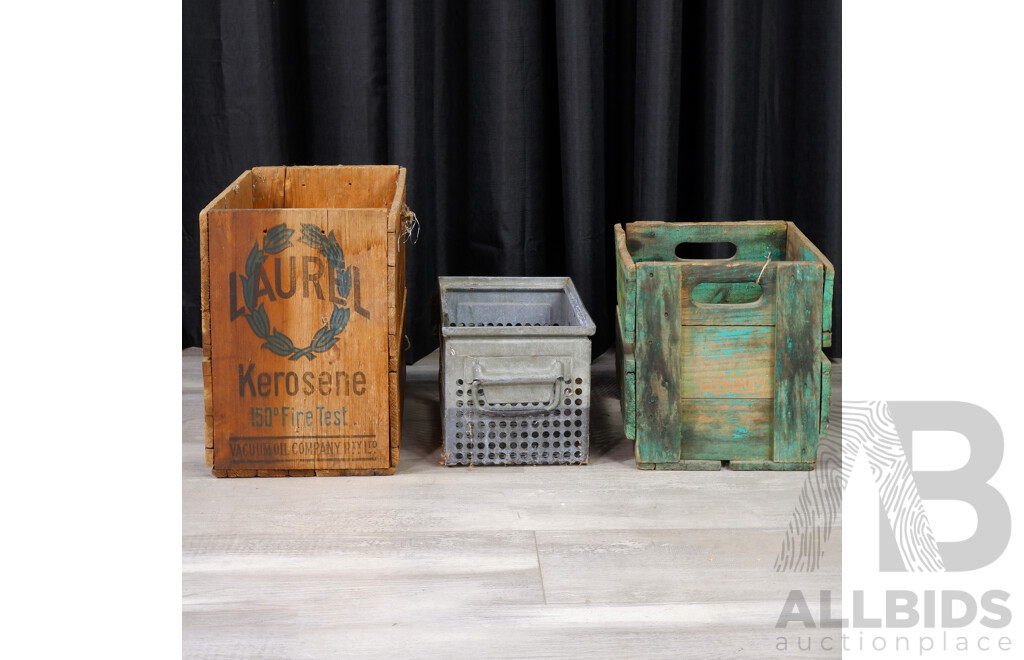 Pair of Vintage Timber Crates and Metal Example