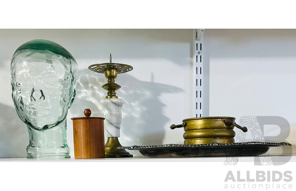 Collection of Interesting Homeware Including Large Glass Head, Metal Display Platter, Alabaster and Brass Candle Holder and More