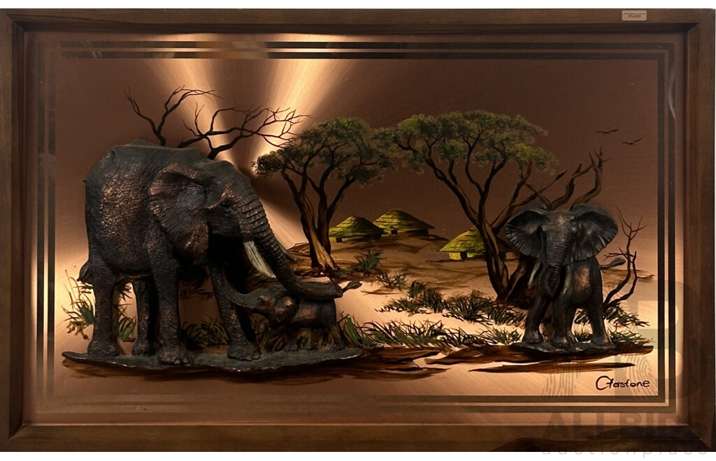 Gastone, 3D African Elephants, Handmade and Painted Pure Copper and Oil, 59 X 94 Cm (frame)