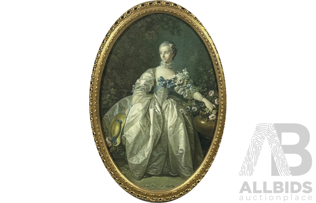 After Francis Boucher, (Rococo Late Baroque, 1703-1770), Madame Bergeret, Embellished Print of Original Oil in Oval Gilt Frame, 84 X 59 Cm (frame)