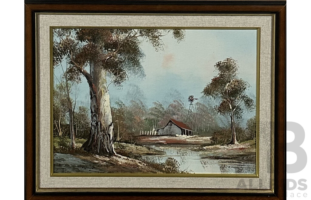 H.Burns, Country House with Windmill, Oil on Canvas, 41 X 51 Cm (frame)