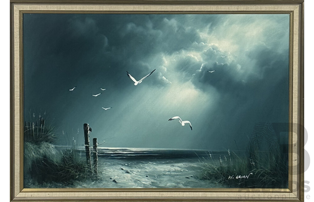 W. Brian, Seagulls in Flight Over the Sea, Oil on Canvas Board, 72 X 102 Cm (frame)